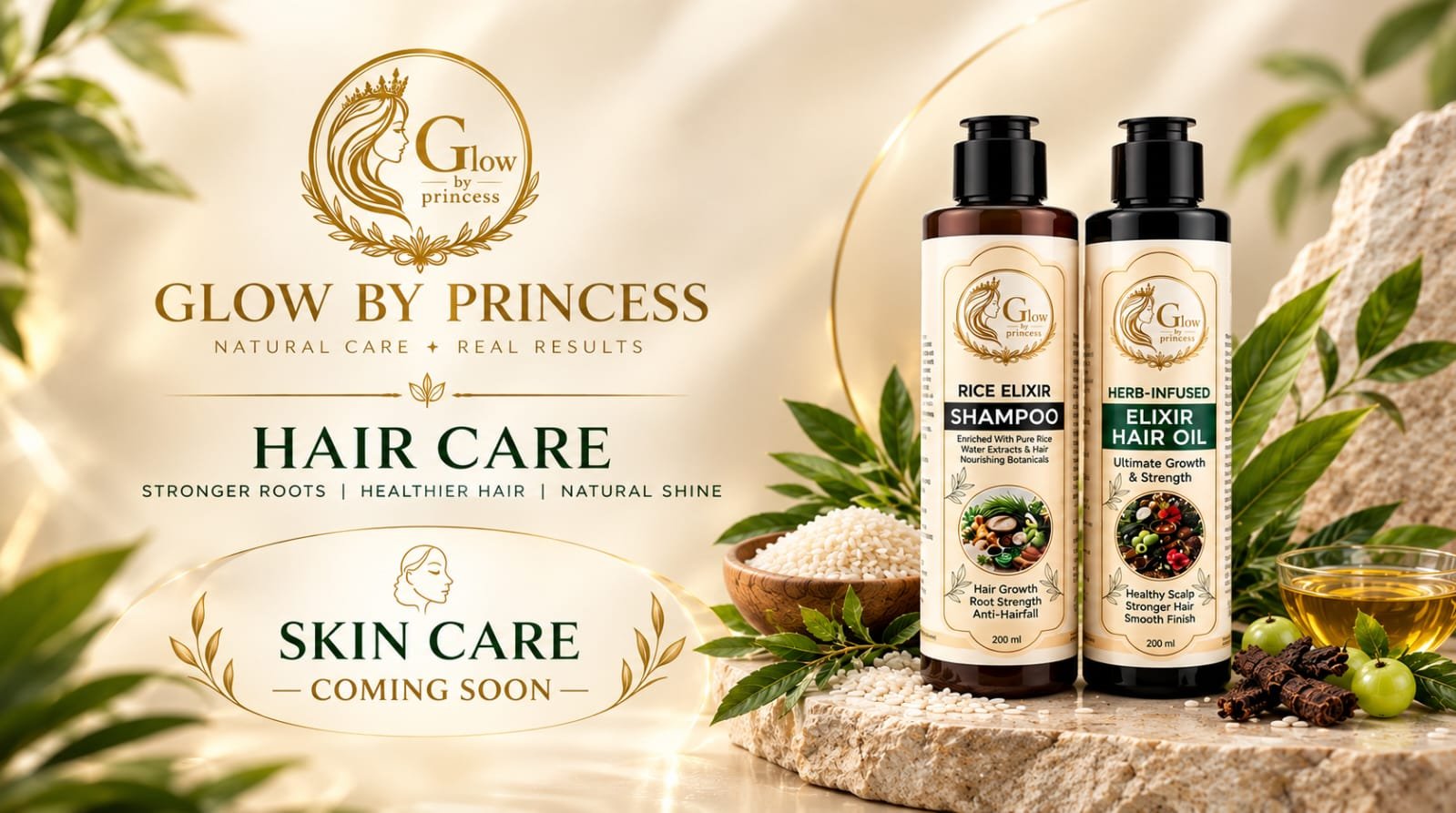 Glow by Princess hair care range with rice, herbs and amla