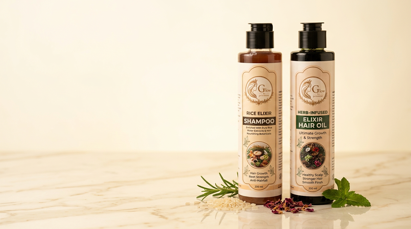 Glow by Princess Rice Elixir Shampoo and Herb-Infused Elixir Hair Oil bottles