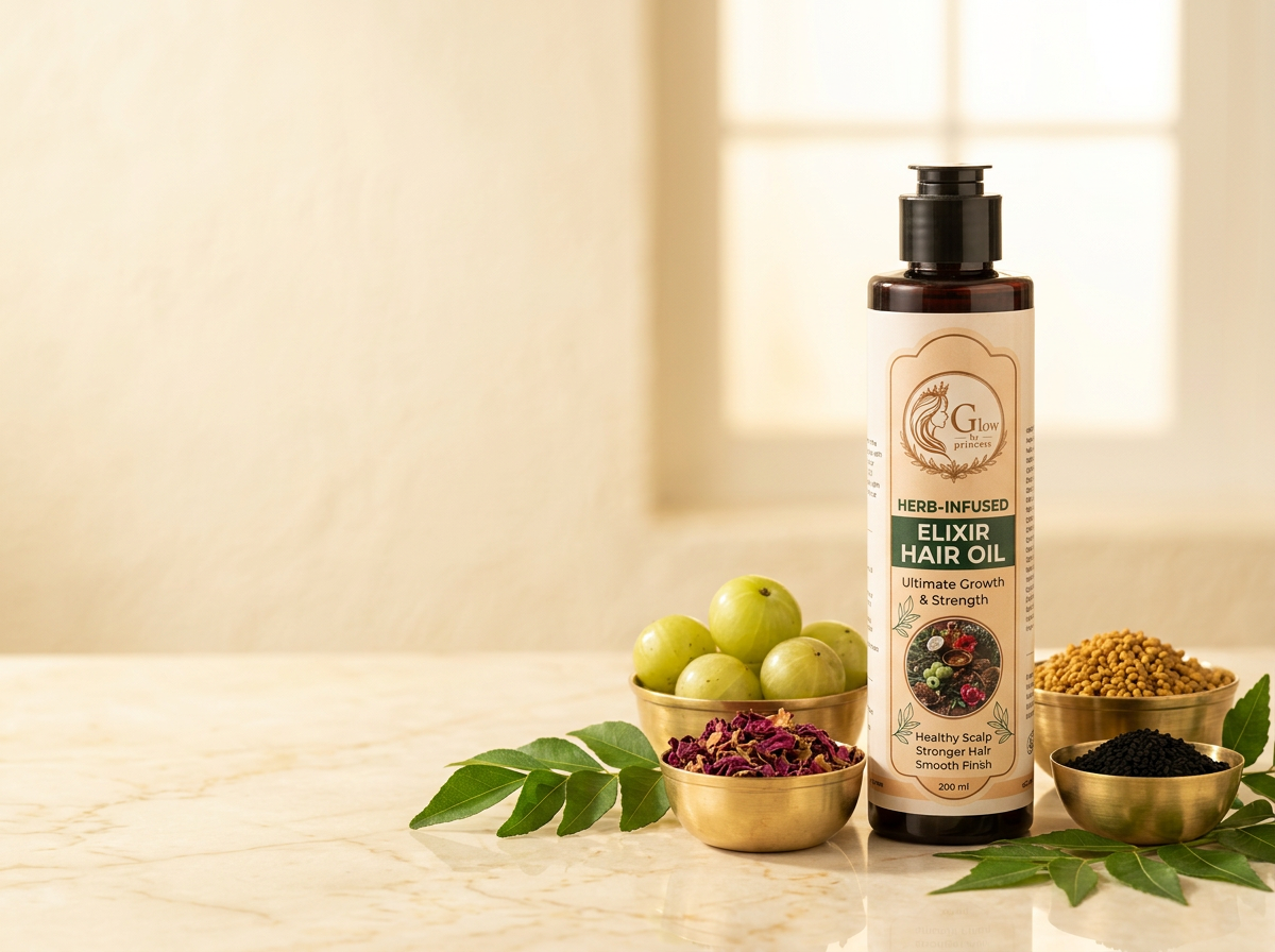 Glow by Princess Herb-Infused Elixir Hair Oil with amla, fenugreek, black seeds and rose petals