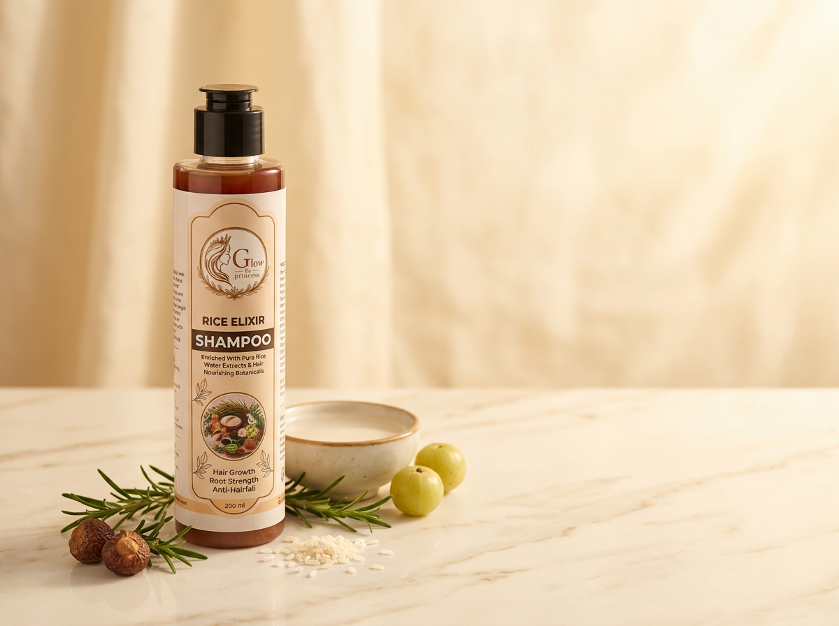 Glow by Princess Rice Elixir Shampoo bottle with rice water, rosemary and amla